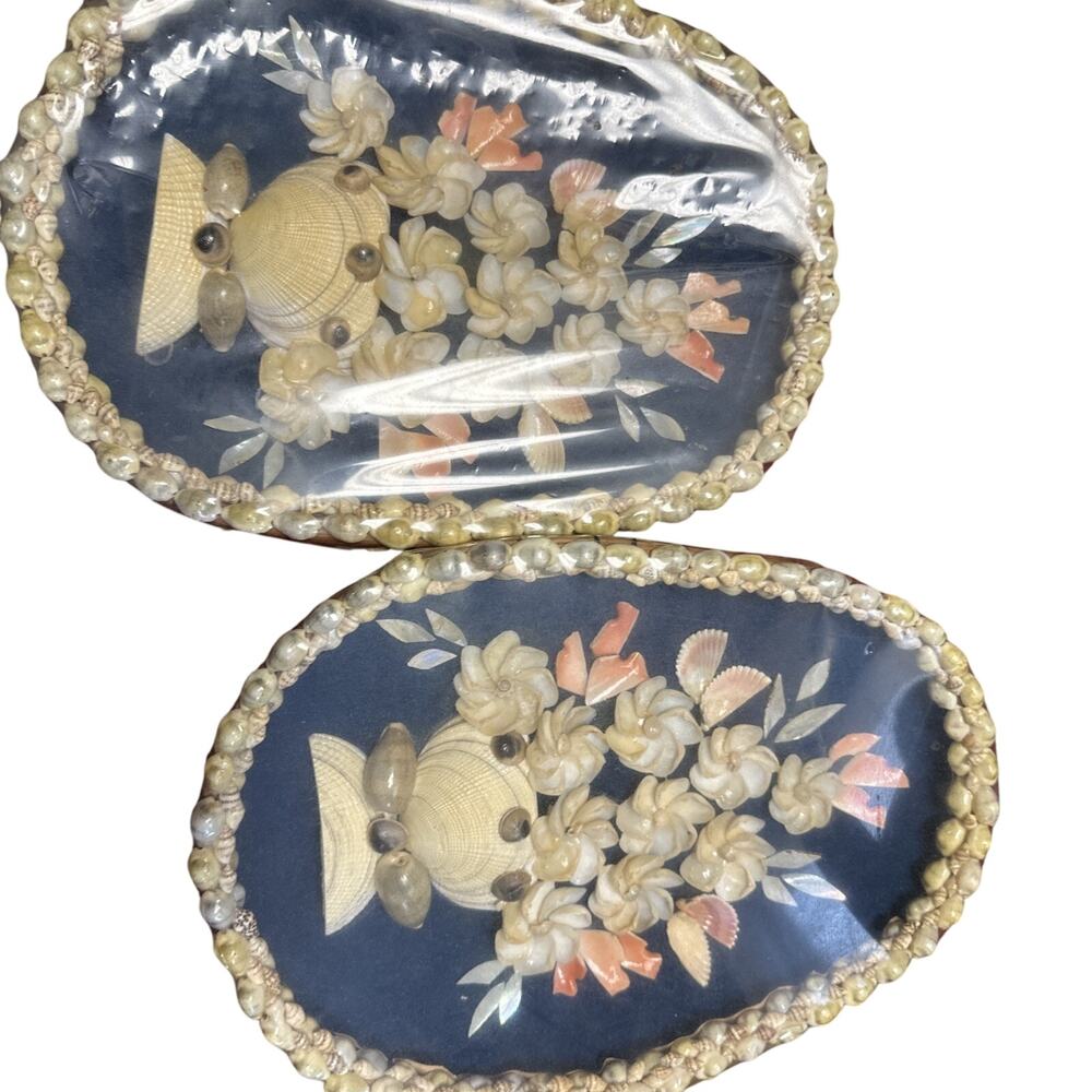 Pair Of Vintage Seashell Floral Wall Hanging Basket‎ Folk Art Tramp Art